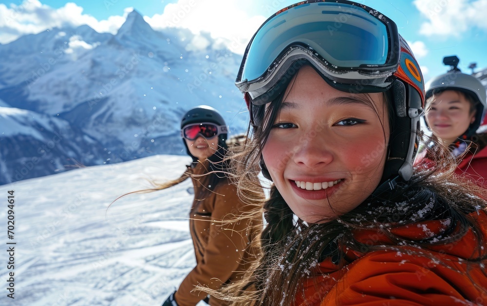 girl skier with friends with Ski goggles and Ski helmet on the snow mountain girl skier with friends with Ski goggles and Ski helmet on the snow mountain