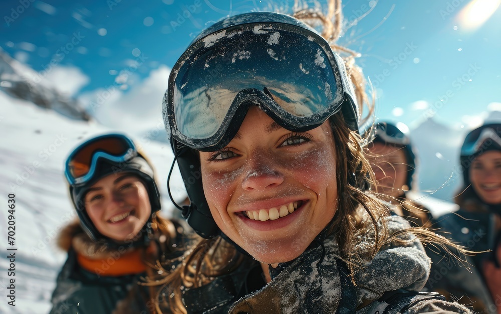 girl skier with friends with Ski goggles and Ski helmet on the snow mountain girl skier with friends with Ski goggles and Ski helmet on the snow mountain
