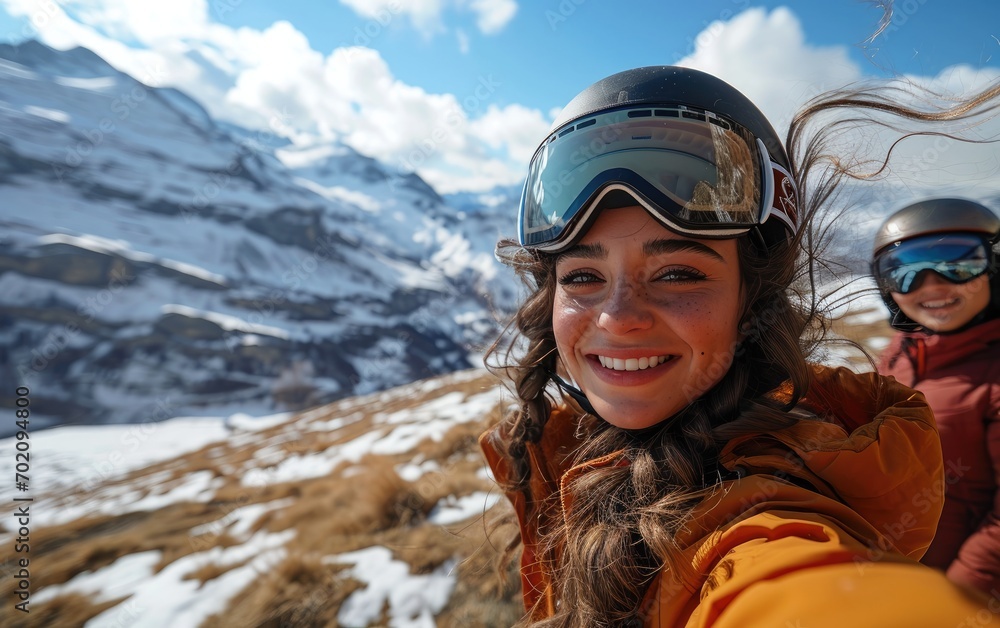 girl skier with friends with Ski goggles and Ski helmet on the snow mountain girl skier with friends with Ski goggles and Ski helmet on the snow mountain