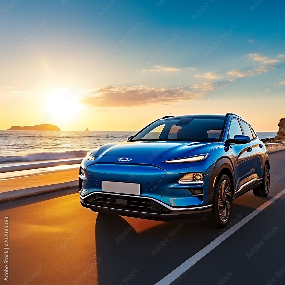 Blue compact SUV car with sport and modern design parked on concrete road by sea beach at sunset. New shiny SUV car drive for travel on summer vacations with road trip. Front view of electric car.