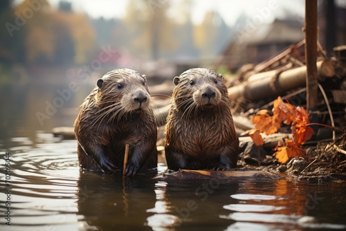 Beavers working on building a dam with found wood on a lake, collect branches near the river, float. Rodentia semiaquatic mammals. Brown short-haired wild animal with large flat tail. photo