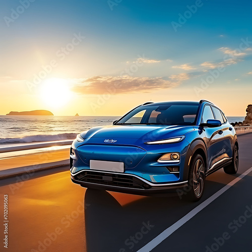 Blue compact SUV car with sport and modern design parked on concrete road by sea beach at sunset. New shiny SUV car drive for travel on summer vacations with road trip. Front view of electric car.