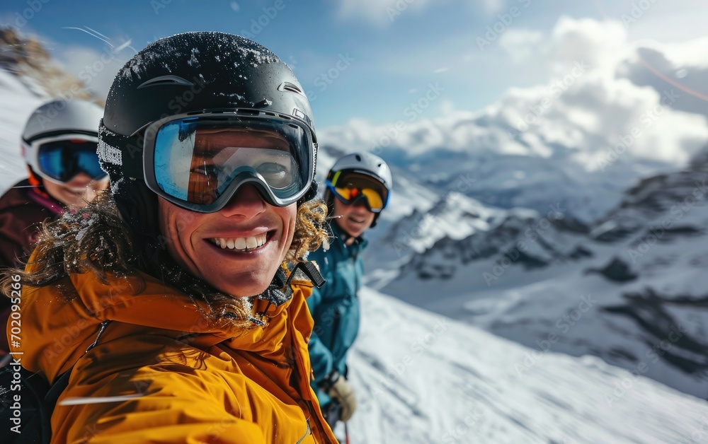 skier man with friends with Ski goggles and Ski helmet on the snow mountain