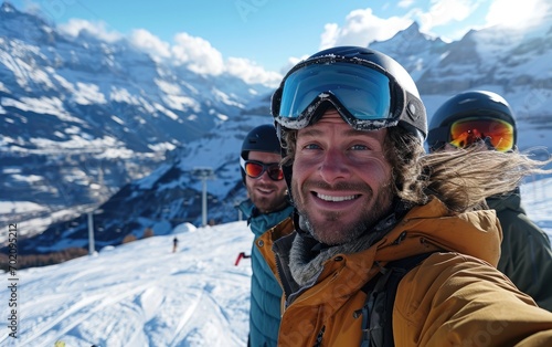 skier man with friends with Ski goggles and Ski helmet on the snow mountain