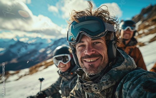 skier man with friends with Ski goggles and Ski helmet on the snow mountain