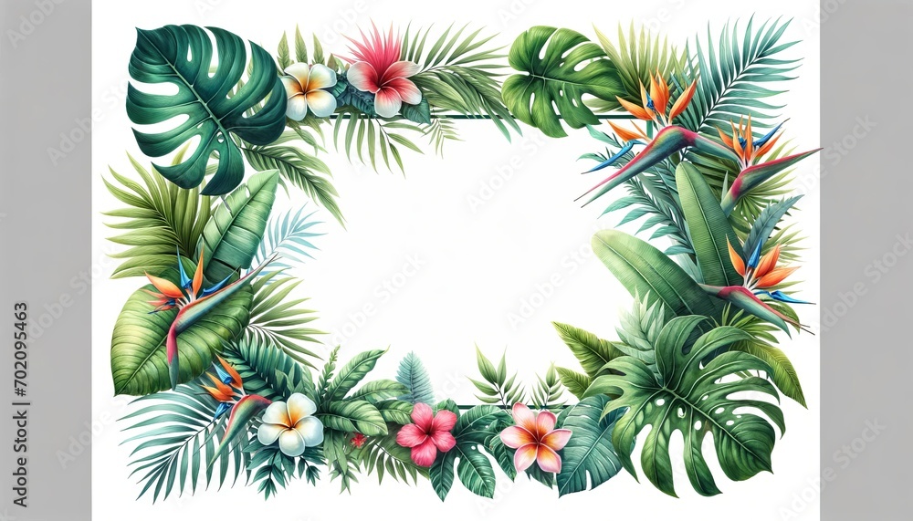 The image showcases a detailed watercolor illustration of a tropical floral frame with monstera leaves, hibiscus, and bird of paradise flowers, combining lush greenery with vibrant colors. The image showcases a detailed watercolor illustration of a tropical floral frame with monstera leaves, hibiscus, and bird of paradise flowers, combining lush greenery with vibrant colors.