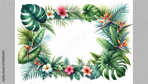 The image showcases a detailed watercolor illustration of a tropical floral frame with monstera leaves  hibiscus  and bird of paradise flowers  combining lush greenery with vibrant colors.