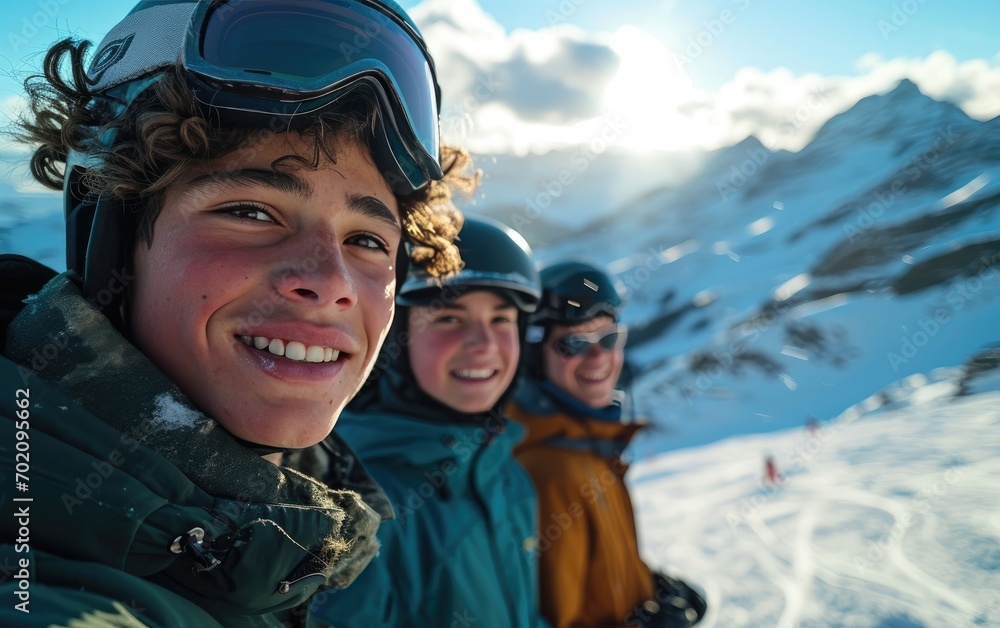 skier man with friends with Ski goggles and Ski helmet on the snow mountain skier man with friends with Ski goggles and Ski helmet on the snow mountain