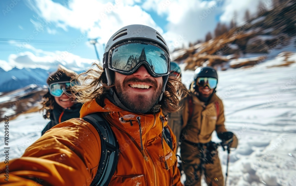 skier man with friends with Ski goggles and Ski helmet on the snow mountain skier man with friends with Ski goggles and Ski helmet on the snow mountain