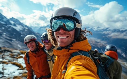 skier man with friends with Ski goggles and Ski helmet on the snow mountain