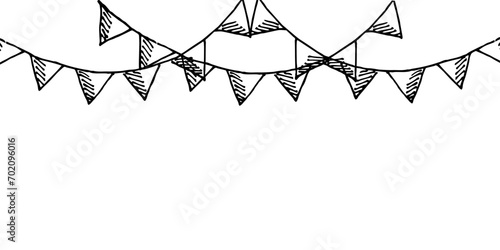 Festive Background with hand drawn Triangle Doodle Ribbons with Ribbon. Big horizontal Birthday poster. Festival banner. Vector illustration. Art with carnival element.