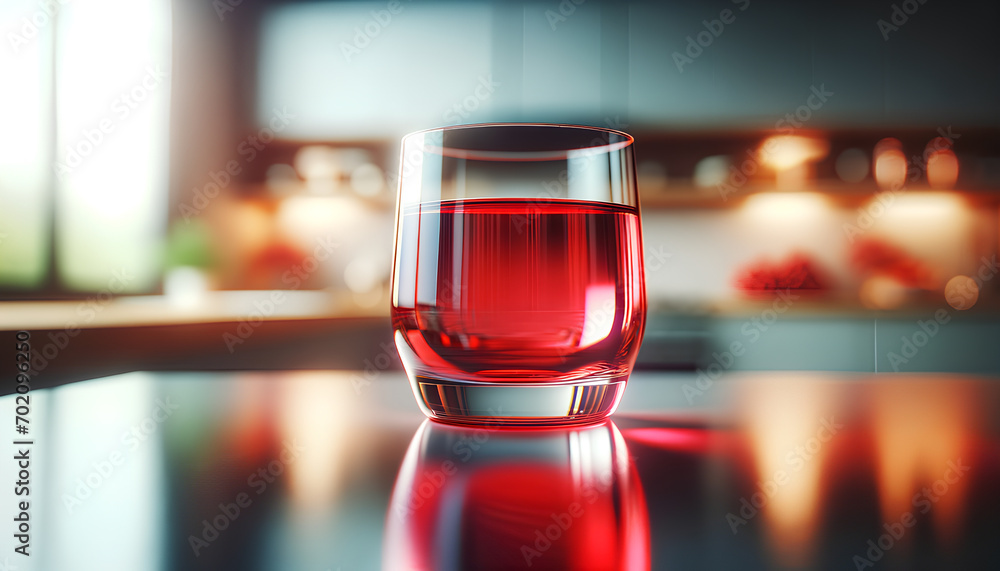 A clear drinking glass filled with a vibrant red liquid. The glass, with a simple yet elegant design, Generative AI