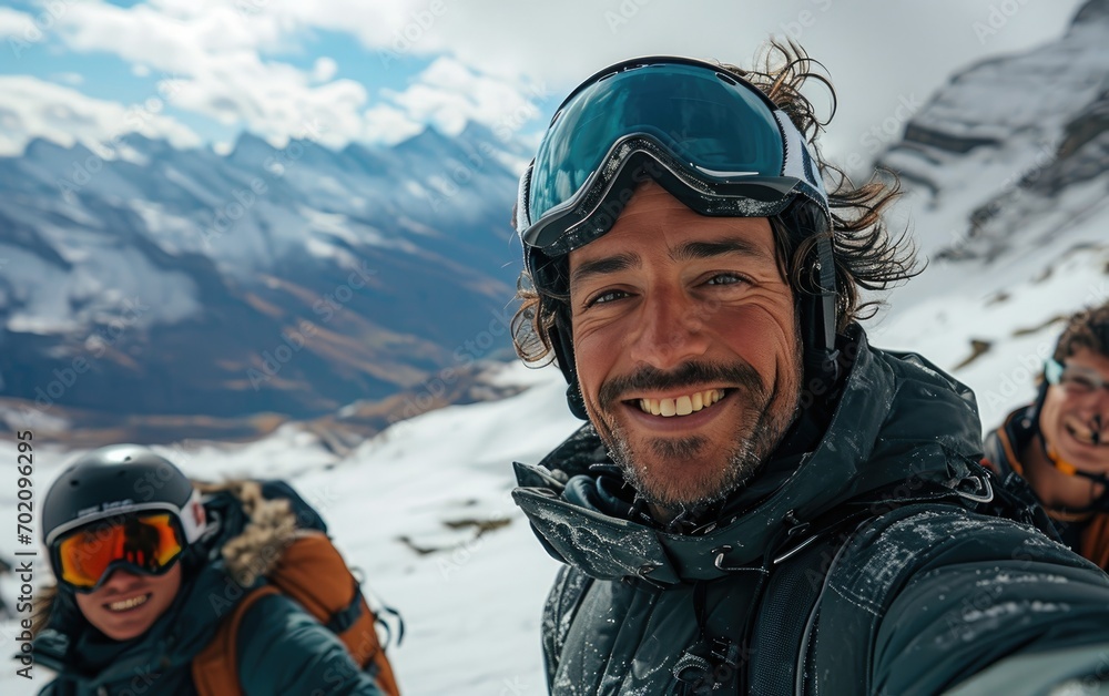 skier man with friends with Ski goggles and Ski helmet on the snow mountain skier man with friends with Ski goggles and Ski helmet on the snow mountain