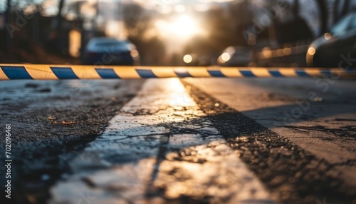Sunset illuminates a roadblock scene marked with caution tape, signifying an emergency.
