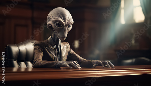 Judge humanoid alien in courtroom