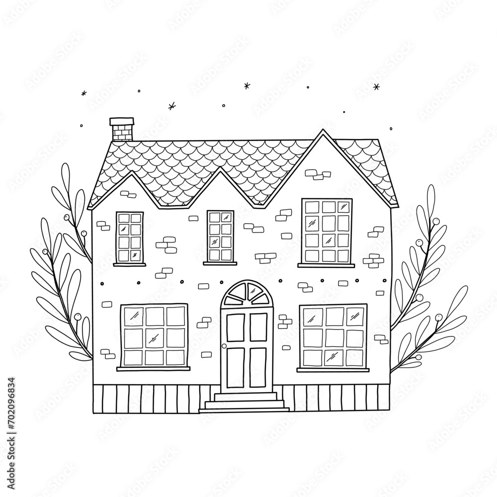 Cute hand drawn cottage, cartoon house decorated with leaves for prints, cards, posters, banners, signs, sublimation, coloring pages. EPS 10