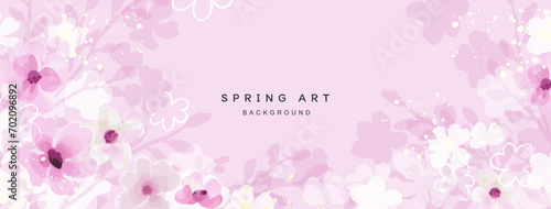 Pink spring floral artistic background. Cherry blossoms. Wallpaper in watercolor style with blooming branches, flowers and leaves. Vector abstract pastel background for banner, poster, web, packaging
