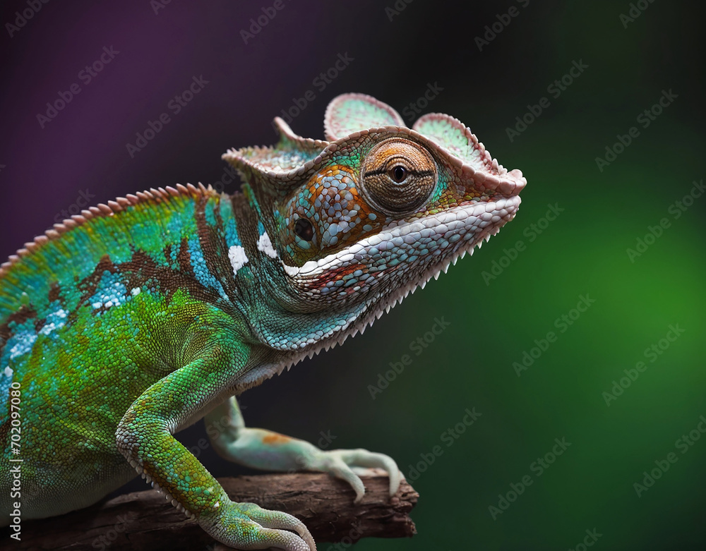 Fototapeta premium Close up of a colored chameleon on branch of tree on dark background. Generative Ai