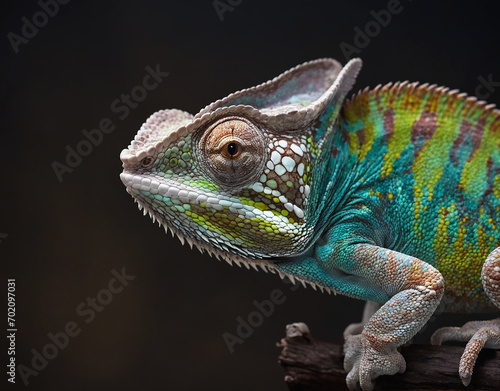 Close up of a colored chameleon on branch of tree on dark background. Generative Ai