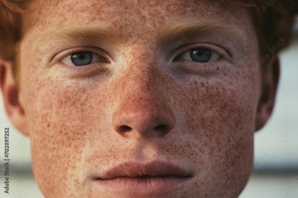 Close-up of freckled man looking at camera Close-up of freckled man looking at camera