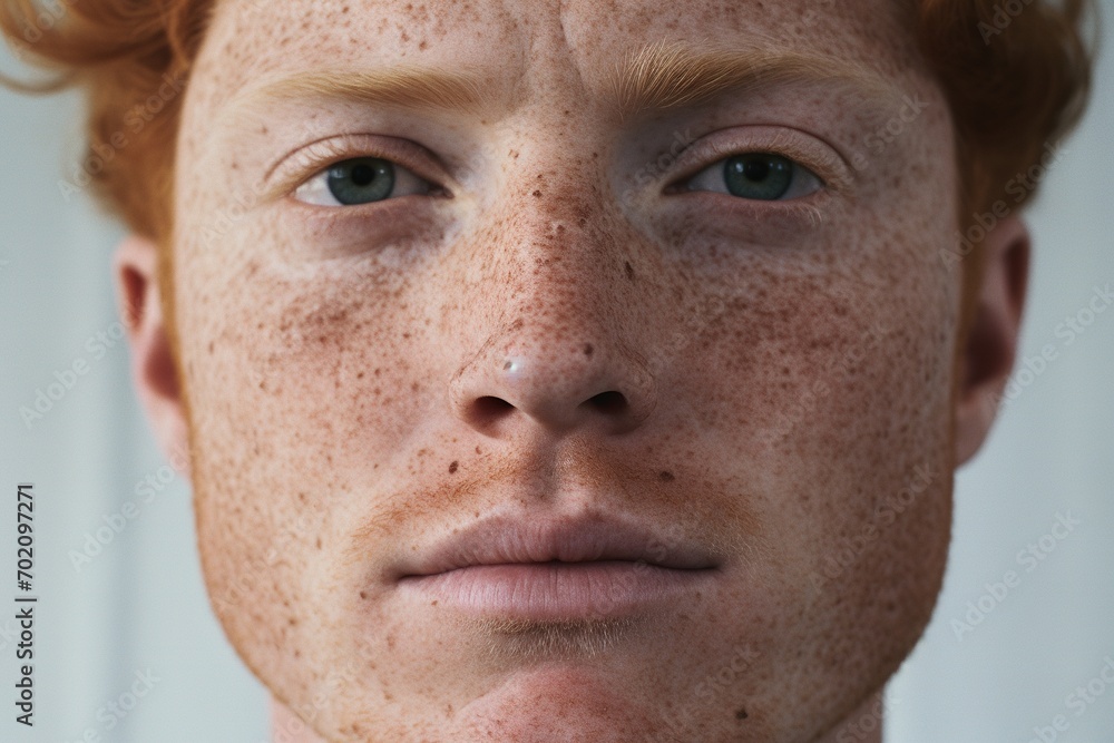 Close-up of freckled man looking at camera Close-up of freckled man looking at camera