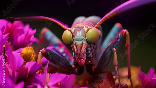 A striking macro of a flower mantis, showcasing its remarkable mimicry of a beautiful flower in order to attract unsuspecting prey. With its colorful petals and intricate patterns, photo