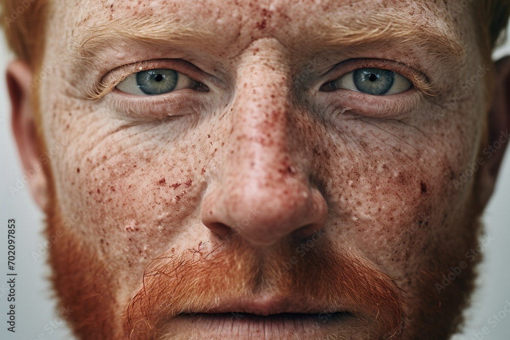 Close-up of freckled man looking at camera Close-up of freckled man looking at camera
