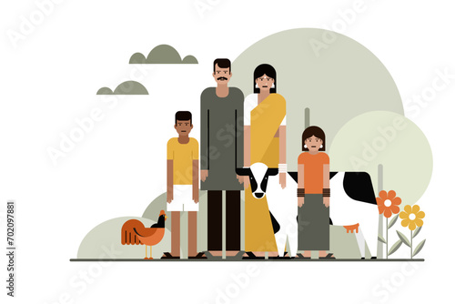 Illustration of an Indian farmer family with their livestock animals