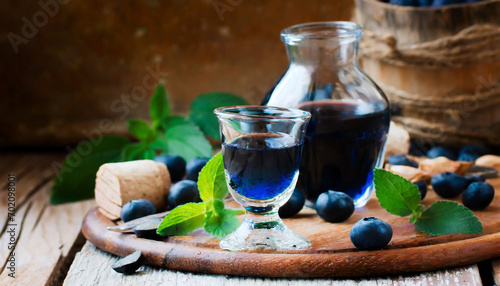Traditional sardinian liqueur with mirto, selective focus
