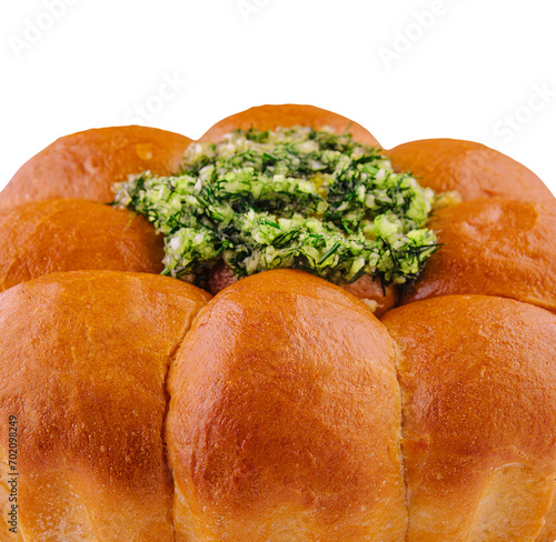 Traditional pampushka buns with garlic and herbs photo