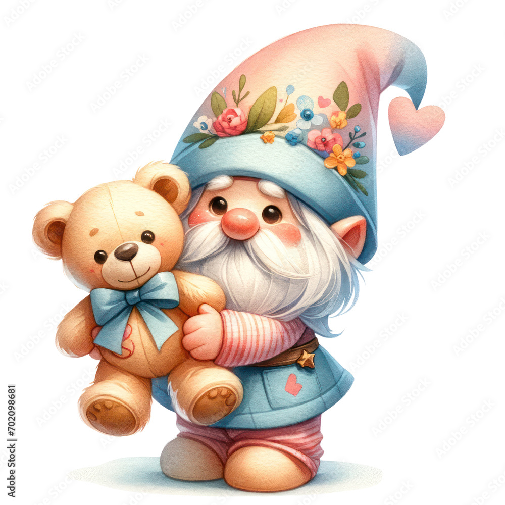 Gnome with Teddy Bear - Valentine's Watercolor Clipar Gnome with Teddy Bear - Valentine's Watercolor Clipar