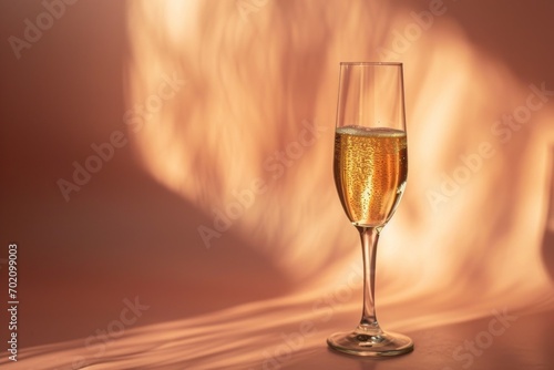 a glass of champagne in close-up. festive alcoholic carbonated drink, sparkling wine. a holiday, a celebration.