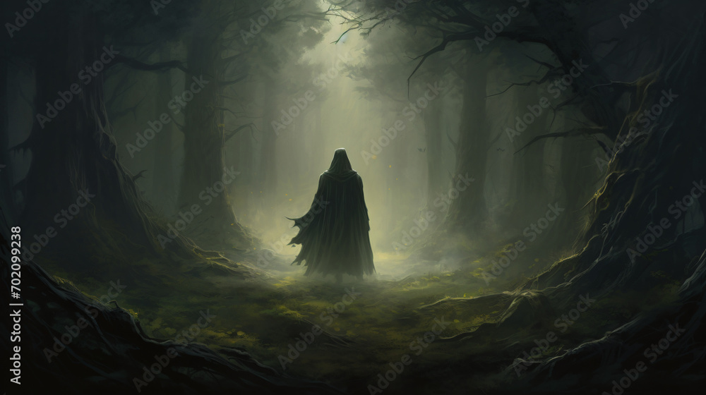 Dark cloak in mysterious forest wizard sorcerer illustrator - obrazy, fototapety, plakaty 