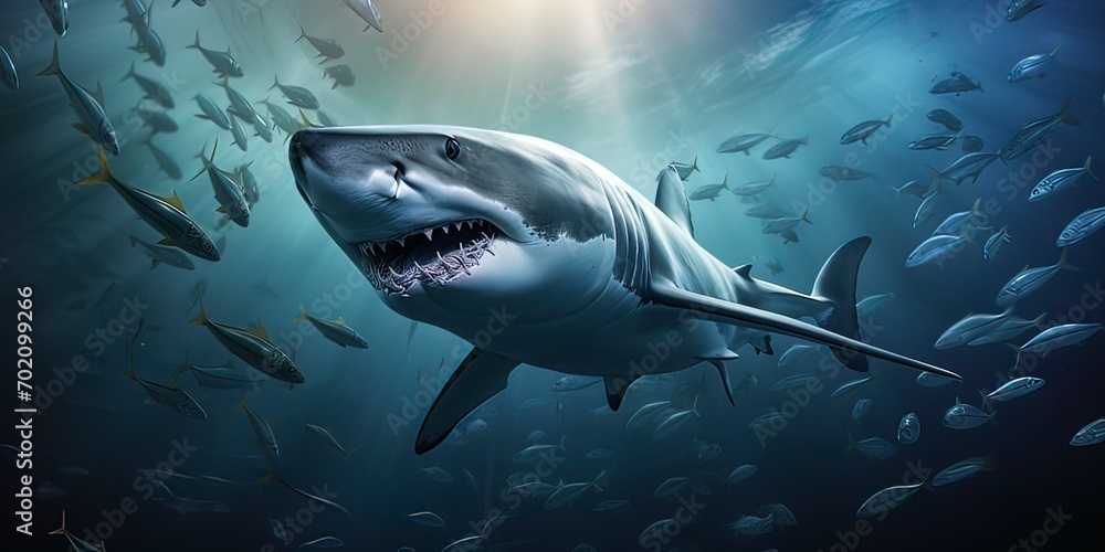 Fototapeta premium Great white shark swimming in the blue Pacific Ocean