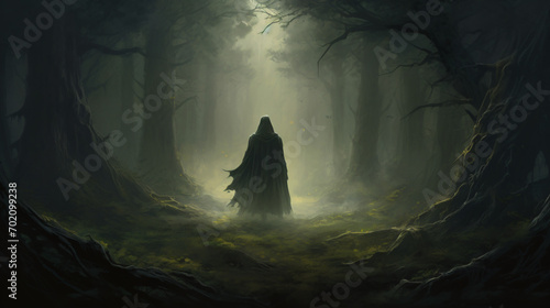 Dark cloak in mysterious forest wizard sorcerer illustrator