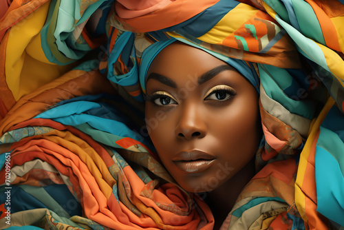 women a fabric, in the style of object portraiture specialist, pop colorism. african girl model in a turban. photo