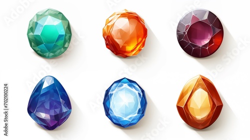 Set of fantasy colored gems for games. Diamonds with different cuts, fantasy mystic style. Isolated jewels, diamonds gem set. 