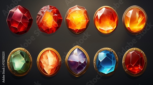 Set of fantasy colored gems for games. Diamonds with different cuts, fantasy mystic style. Isolated jewels, diamonds gem set. 