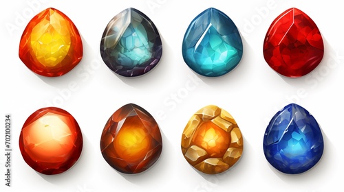 Set of fantasy colored gems for games. Diamonds with different cuts, fantasy mystic style. Isolated jewels, diamonds gem set. 