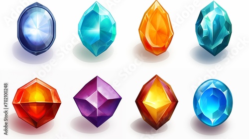 Set of fantasy colored  gems for games. Diamonds with different cuts, fantasy mystic style. Isolated jewels, diamonds gem set.  photo