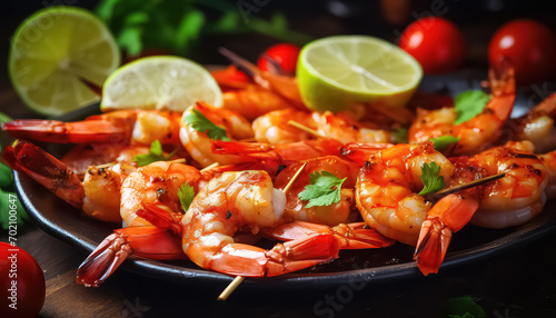 Boiled shrimp with lime on a black plate