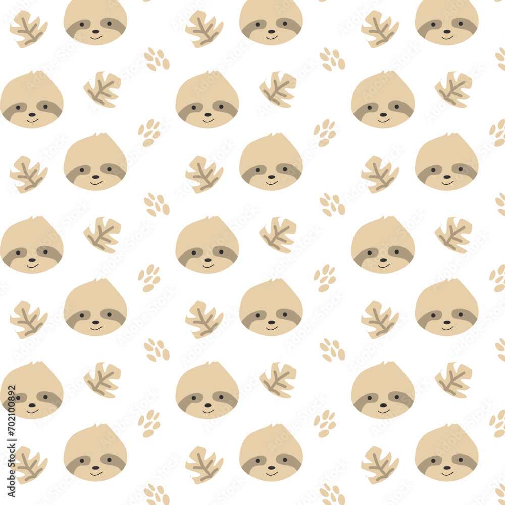 cute sloth face with tropical leaves pattern. Vector illustration on white background. Boho style. Can used for baby jungle animal background - textile, wallpaper, poster, nursery apparel. cute sloth face with tropical leaves pattern. Vector illustration on white background. Boho style. Can used for baby jungle animal background - textile, wallpaper, poster, nursery apparel.