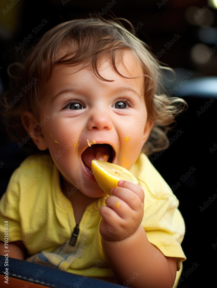 A joyful child savors the sourness of a lemon. Generative AI. A joyful child savors the sourness of a lemon. Generative AI.