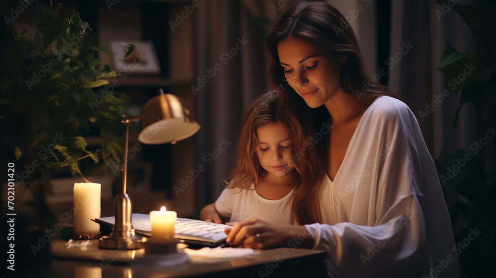 Mom and daughter are sitting at the table reading a book by candlelight. Mom and daughter are sitting at the table reading a book by candlelight.