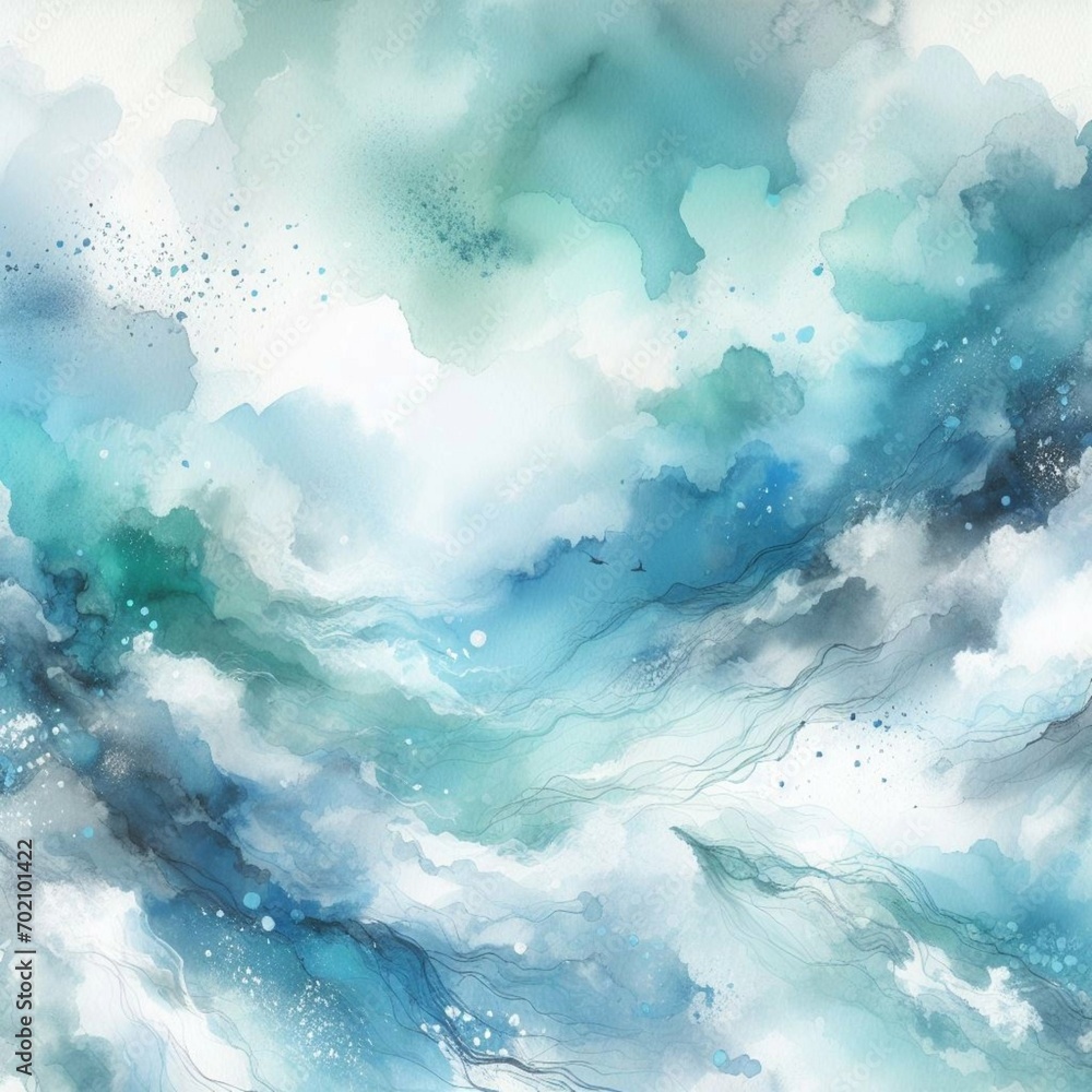 Obraz premium Blue turquoise teal mint cyan white abstract watercolor. colorful art background with light pastel hues. brush splash, daub, stain, and grunge effects, reminiscent of a dramatic sky with clouds