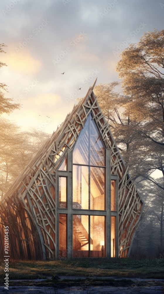 A rustic house nestled in a leafy forest, crafted from natural materials and bathed in soft twilight rays. Generative AI.