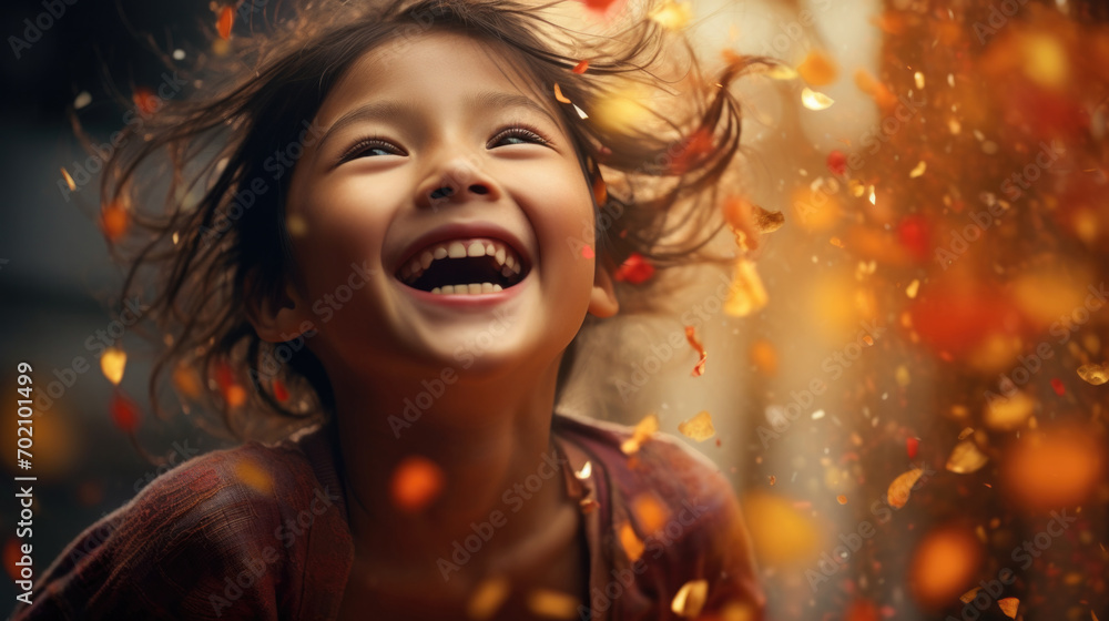 A joyful young girl surrounded by autumn leaves, laughing with pure delight. Generative AI. A joyful young girl surrounded by autumn leaves, laughing with pure delight. Generative AI.