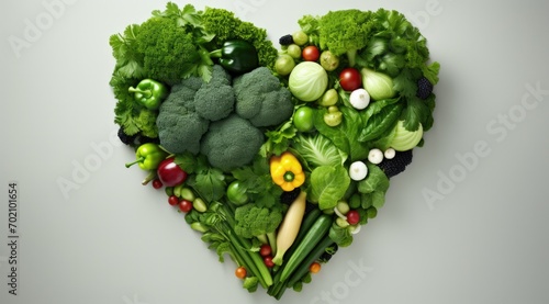 Heart shaped vegetables and fruits on a gray background. Generative AI.