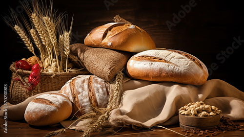 Fresh bread on the table. Wheat ears.