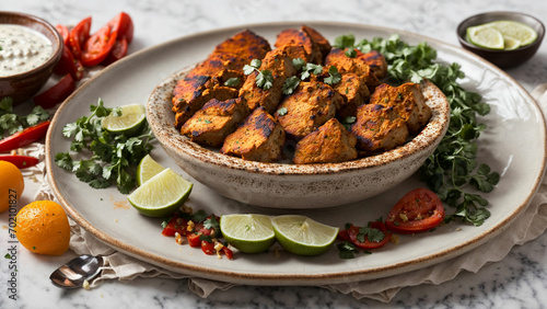 image of a plate filled with flavorful Indian chicken tandoori, set against a clean and crisp white background
